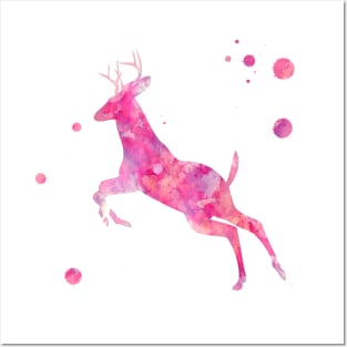 Pink Running Deer Watercolor Painting Posters and Art